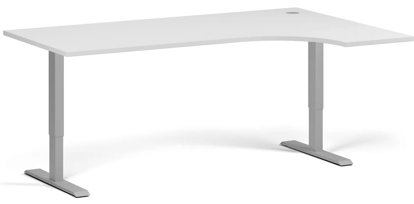 Rohový výškovo nastaviteľný stôl, 180x120 cm, 2 motory, L/P, sivá podnož, biela