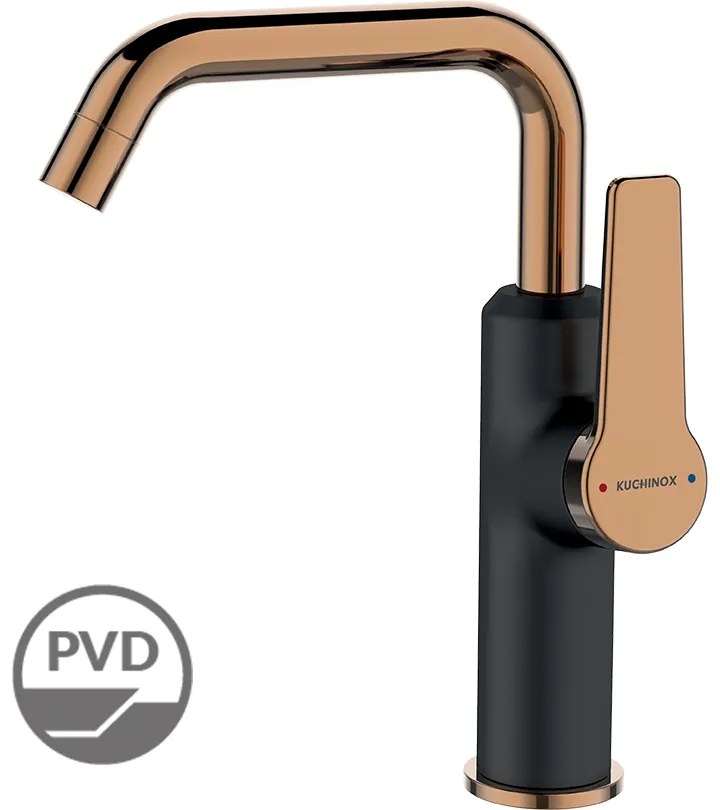 Kuchinox Alanis, umývadlová batéria s výtokom v tvare L, h-235, čierna-ružové zlato, LAV-BQI_825D
