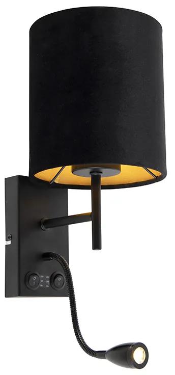 Art Deco nástenná lampa čierna s zamatovým tienidlom - Stacca