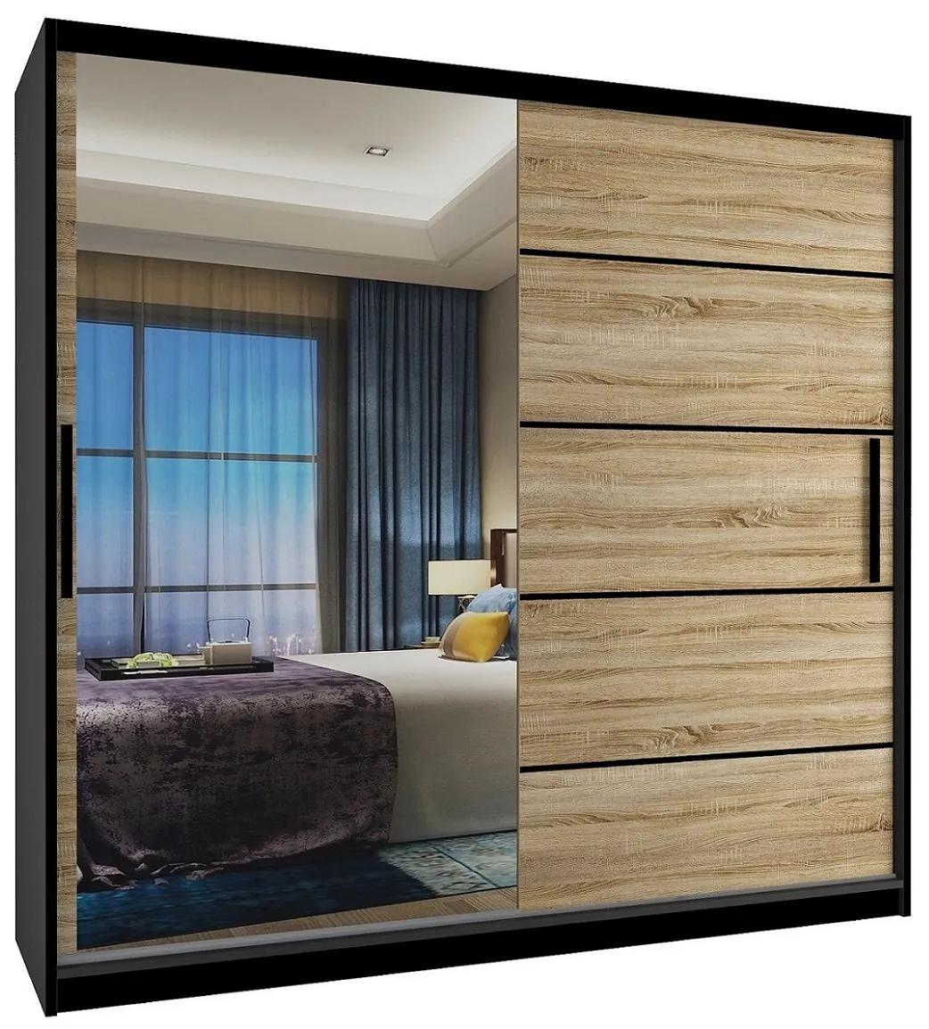 Šatníková skriňa 200 cm Belini čierny mat / dub sonoma s posuvnými dverami a zrkadlom MZ SZP1/2/B/DS/0/BL