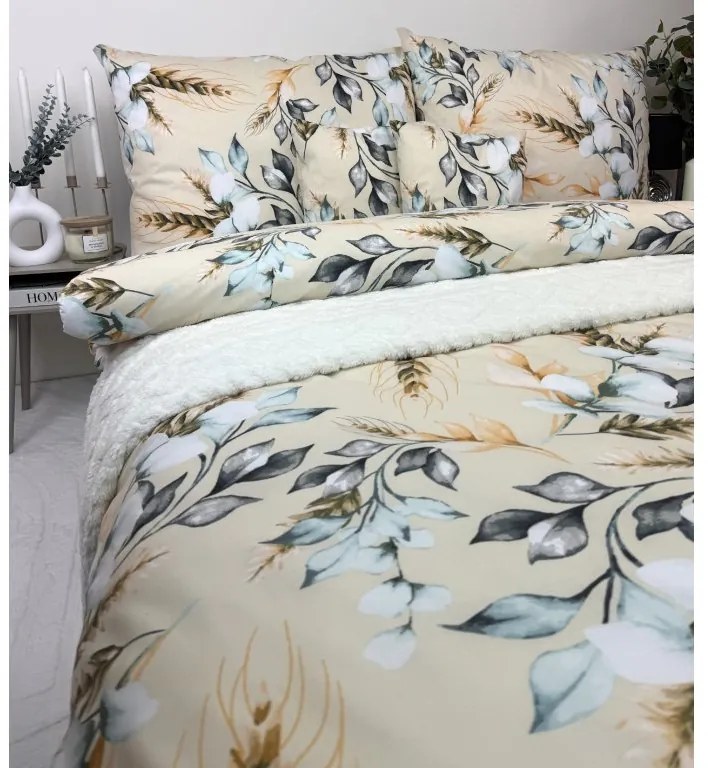 Obliečky Santorini 140x200 / 70x90 cm – 100% bavlna, prírodný dizajn, béžový podklad s modro-sivými a zlatistými motívmi, zips