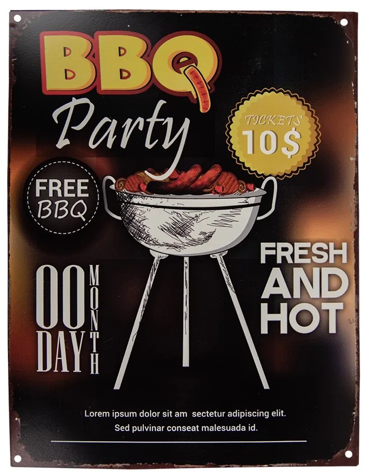 Čierna antik nástenná kovová ceduľa BBQ Party - 25*1*33 cm
