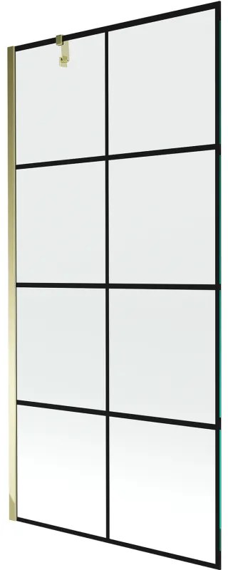 Mexen Next, vaňová zástena 1-krídlová 90 x 150 cm, fixné krídlo, 6 mm číre sklo s čiernym vzorom, zlatý profil, 895-090-000-00-77-50