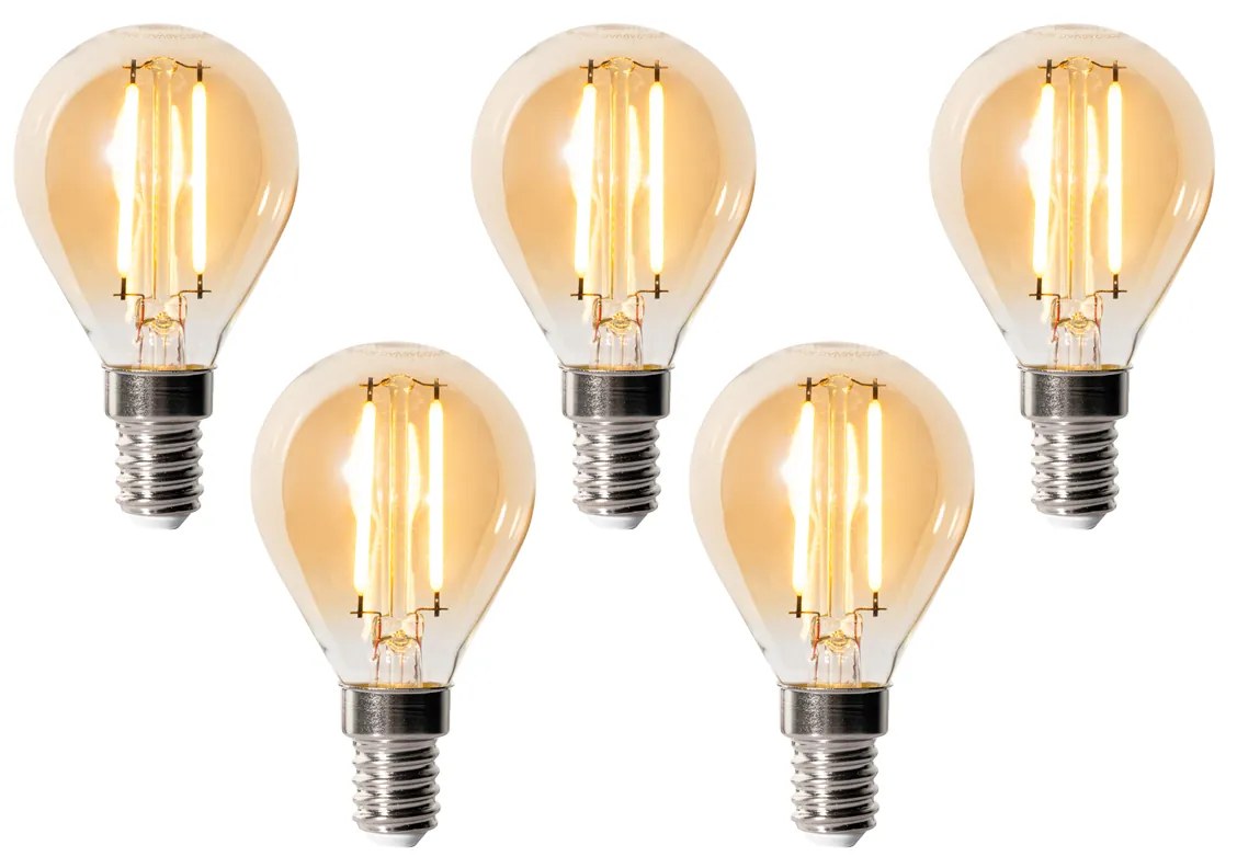 Set van 5 E14 dimbare LED lampen P45 goud 3W 250 lm 2200K