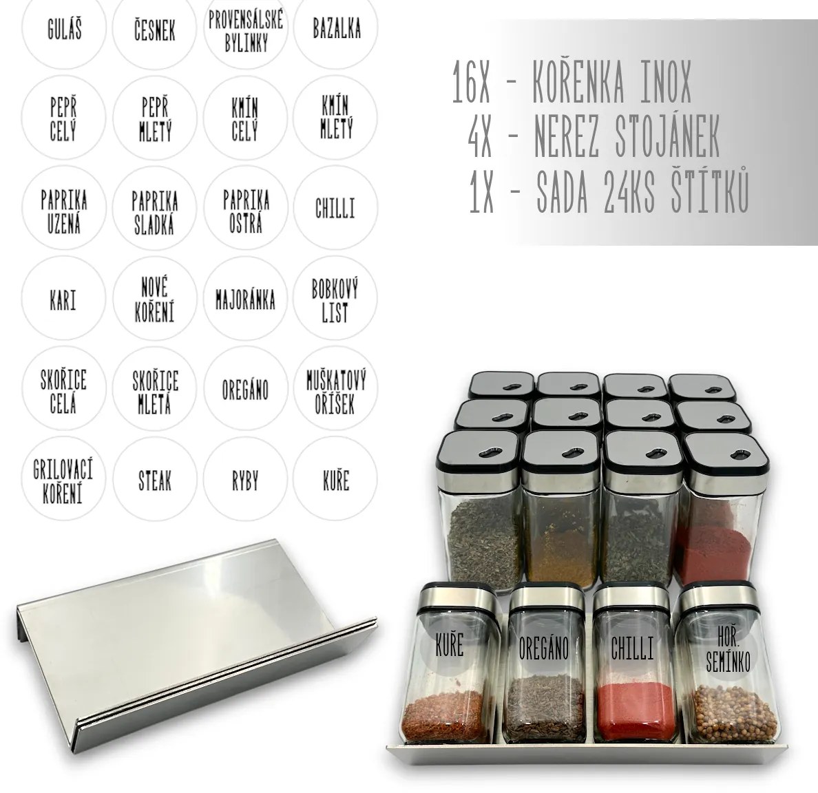 usporadejto.cz Sada 16ks koreničiek INOX 100ml + 4ks nerezový organizér na koreničky VASKY - NEREZ + sada 24ks štítkov