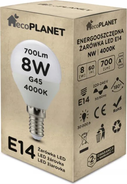 ecoPLANET LED žiarovka G45 - E14 - 8W - 700lm - studená biela