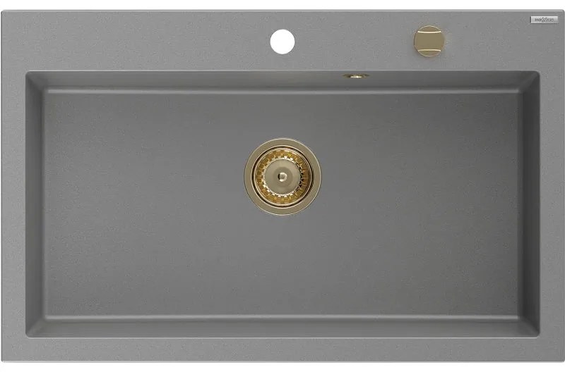Mexen Elix, 1-korový granitový drez 800 x 500 mm, šedá, zlatý sifón, 6527801005-71-G