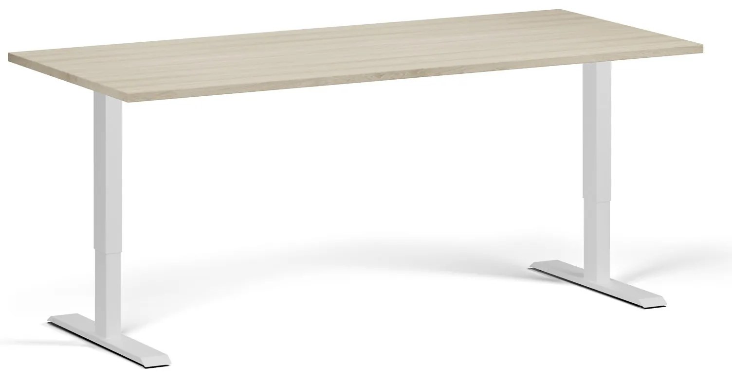 Výškovo nastaviteľný stôl, 180x80 cm, 1 motor, biela podnož, dub prírodný