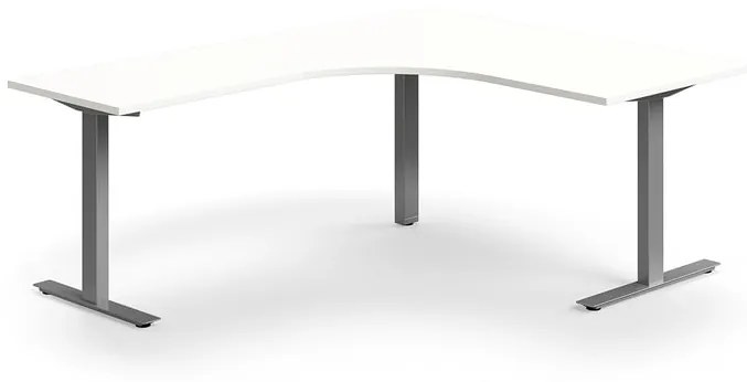 Kancelársky stôl QBUS, rohový, 1600x2000 mm, T-rám, strieborný rám, biela
