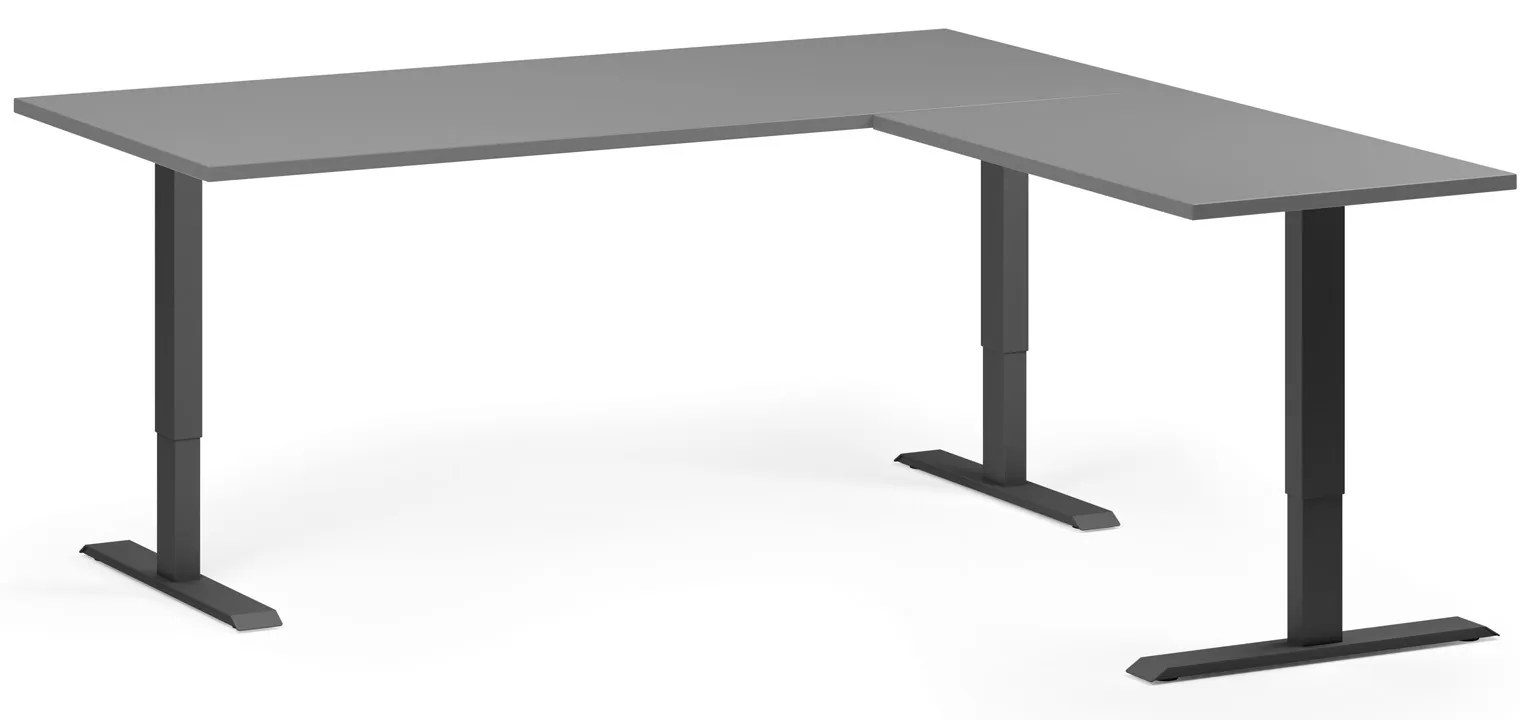 Výškovo nastaviteľný stôl, 180x180 cm, 3 motory, L/P, čierna podnož, grafit