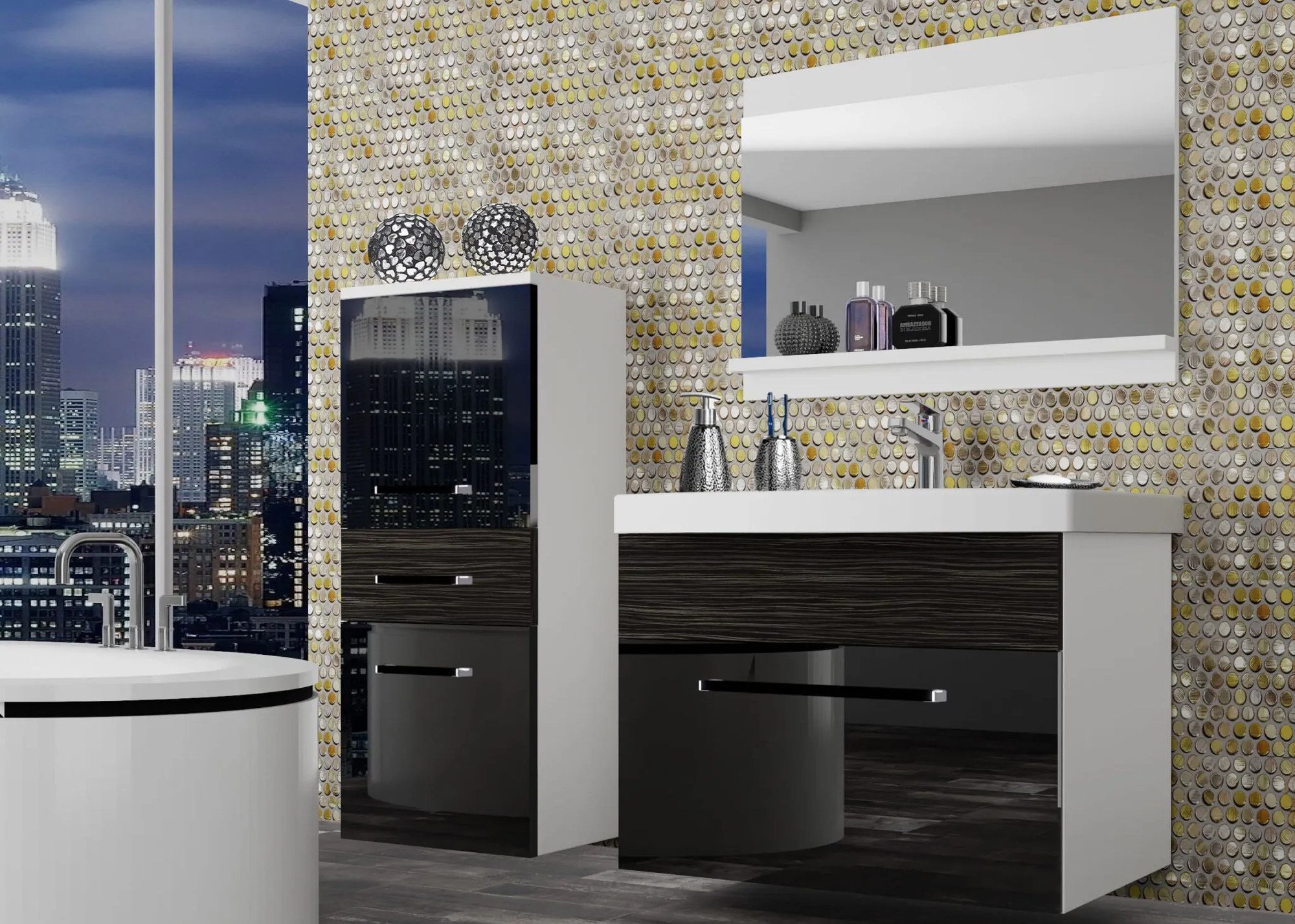 Kúpeľňový nábytok Belini čierny lesk / eben kráľovský + umývadlo + zrkadlo ROD PM 2/0/W/BHK/0/ZW