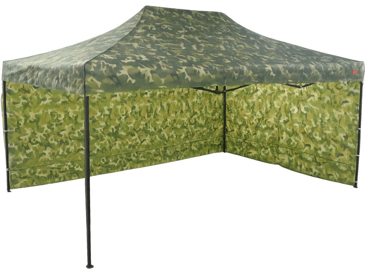 Rýchlorozkladací nožnicový stan 3x4,5m – oceľový, 2 bočné plachty, Maskáčová