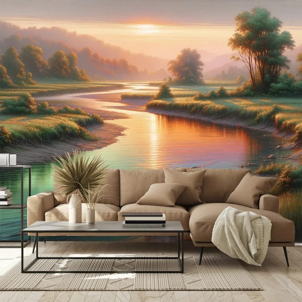 Tapeta západ slnka nad pokojnou riekou