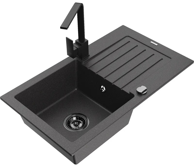 Mexen Pablo, granitový drez 752x436x161 mm, 1-komorový a čierna batéria Rita, čierna škvrnitá, 6510-76-670300-70-B