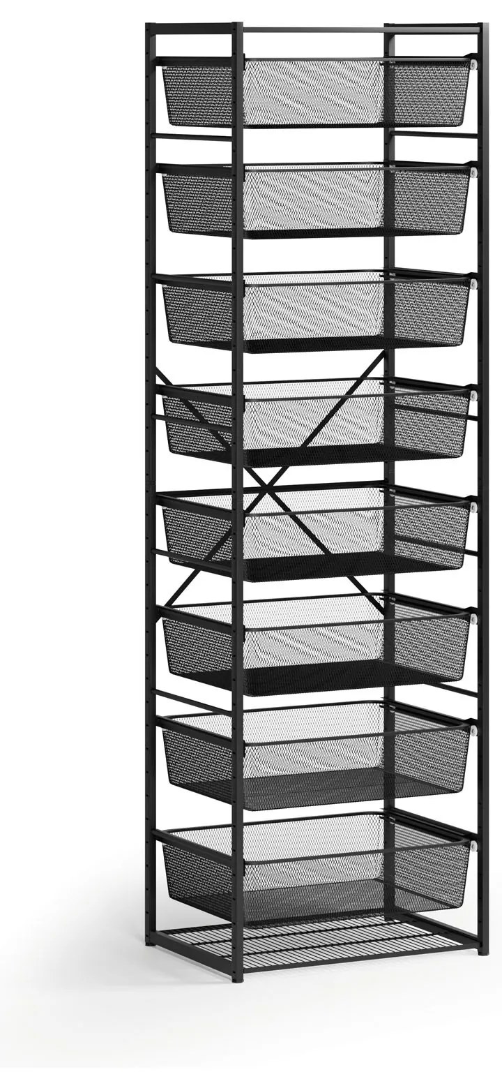 Otvorený košový regál, 8x koš s jemným sitom, TYP VI, 600 × 460 × 2020 mm, čierna