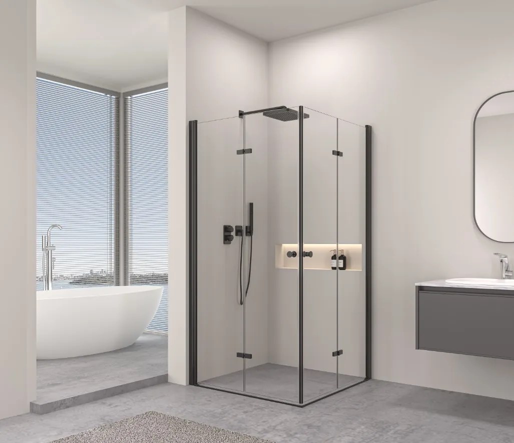 Erga Berlin Double, sprchový kút s dvojitými skladacími dverami 70(dvere) x 120(dvere) x 195 cm, 6mm číre sklo, čierny profil, ERG-V02-BERLIN-D070D120-CL-BK