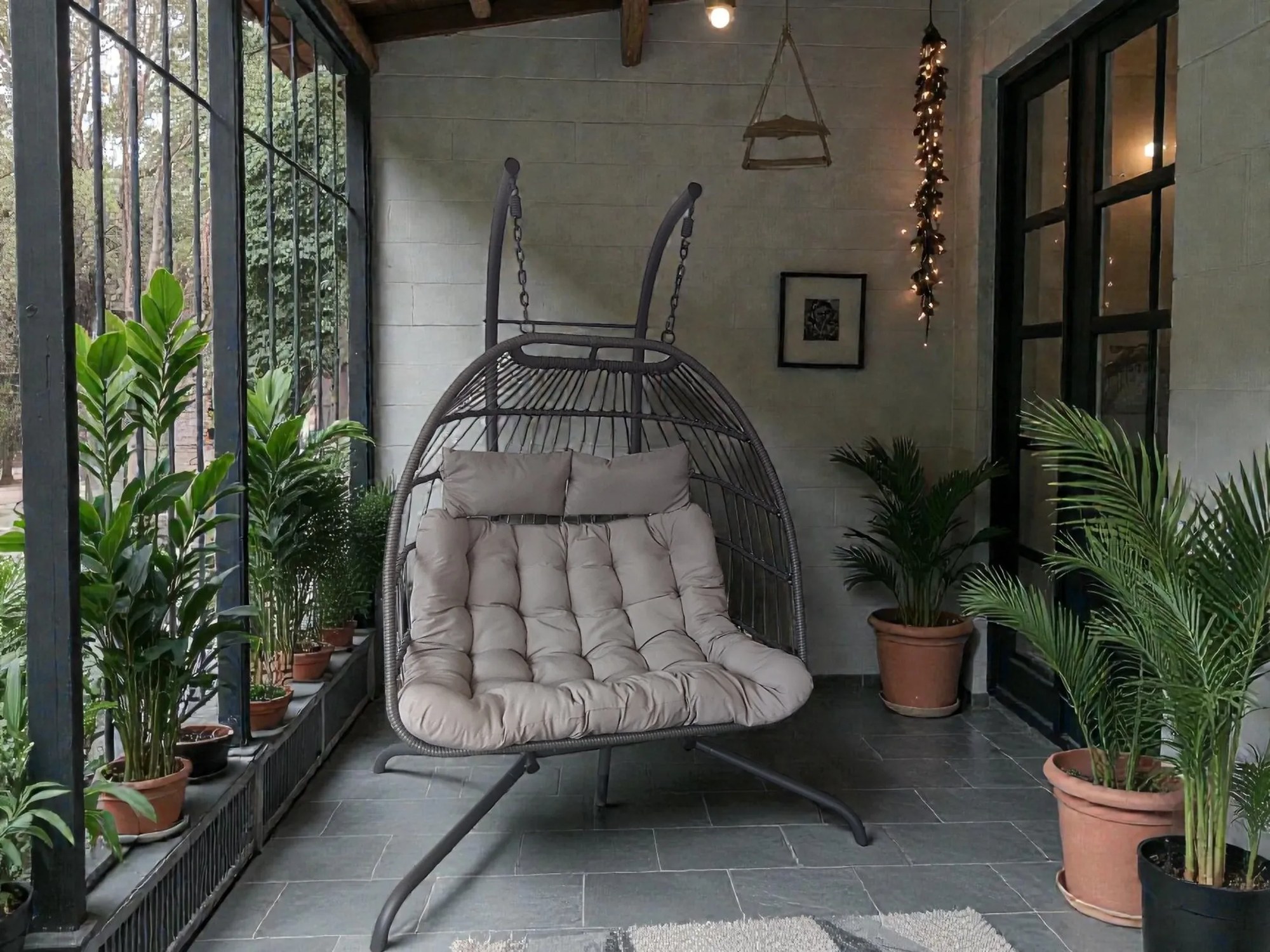 Závesné hojdacie dvojkreslo CUBA sivé - sivé vankúše