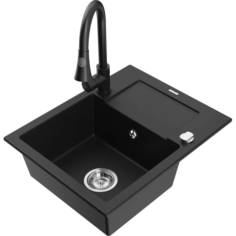 Mexen Enzo, 1-komorový granitový drez 576x465x174 mm a drezová batéria Elia, čierna, 65066506-77-670101-70