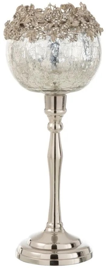Skleněný svicen na nožičce se stříbrným zdobením a kamínky Luxy - Ø 12*33 cm