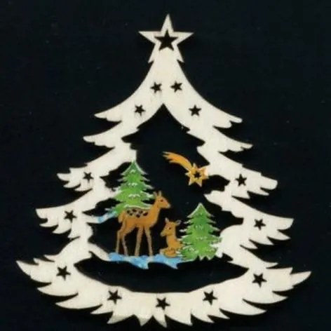 AMADEA Drevená ozdoba farebná stromček so srnkami 6 cm