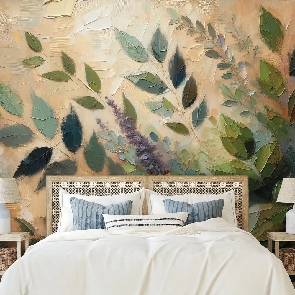 Tapeta maľované zelené listy na béžovom pozadí