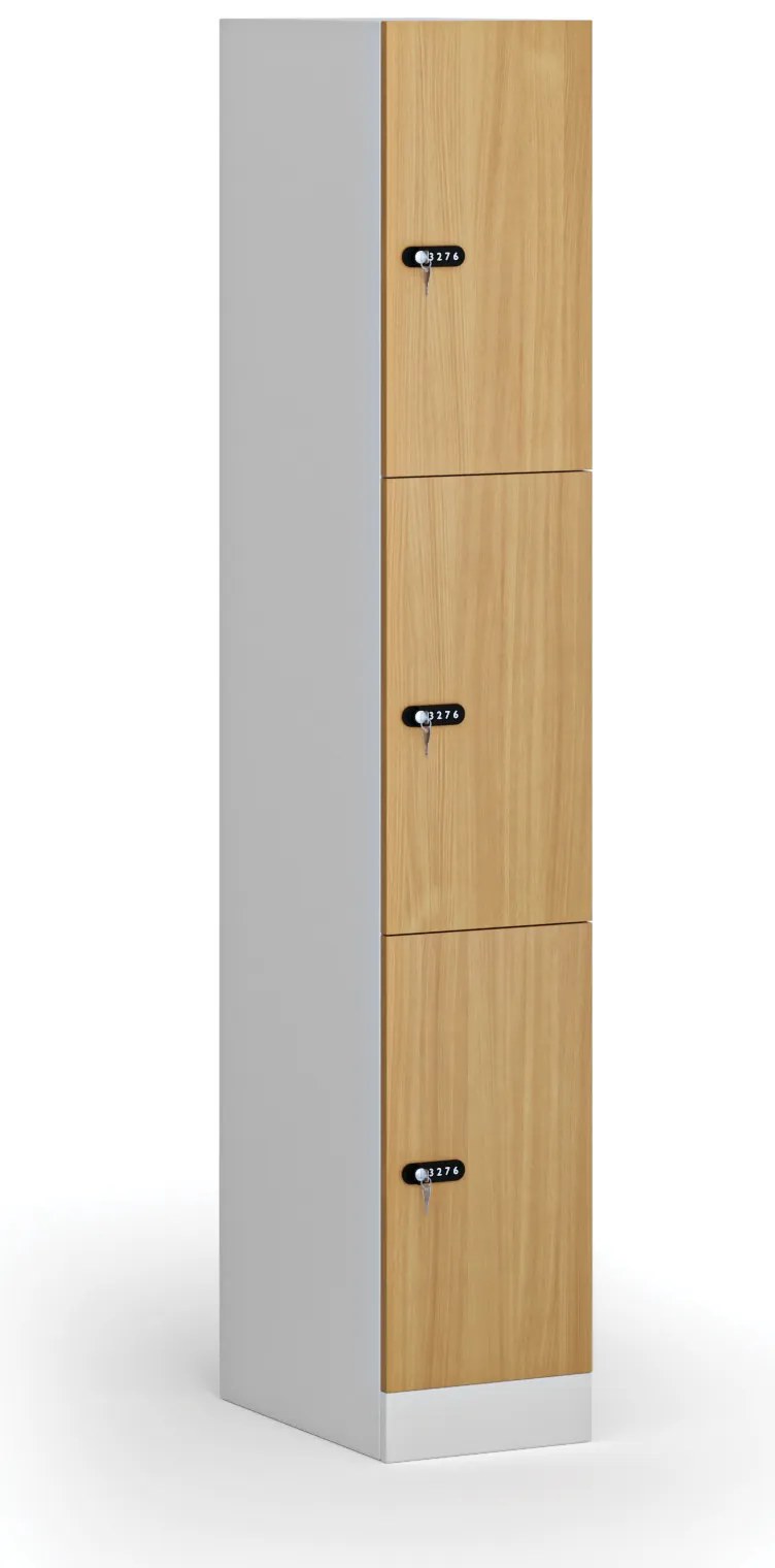 Šatníková skrinka S1 s úložnými boxmi, 3 boxy, 1850 x 300 x 500 mm, mechanický kódový zámok, laminované dvere, buk