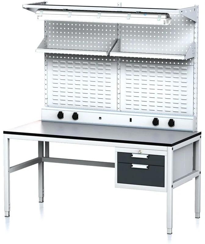 Alfa 3 Nastaviteľný dielenský stôl MECHANIC II, perfopanel, polica, osvetlenie, 2 zásuvkový box na náradie, 1600x700x745-985 mm, sivá/antracit