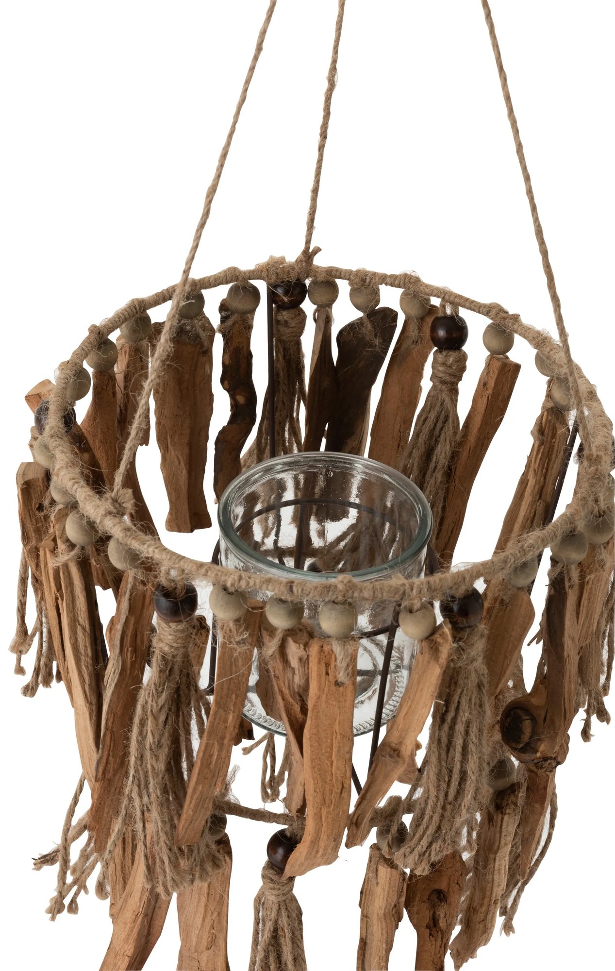 Sklenený závesný svietnik s povrázky a drievkami Ethno - Ø 25 * 87cm