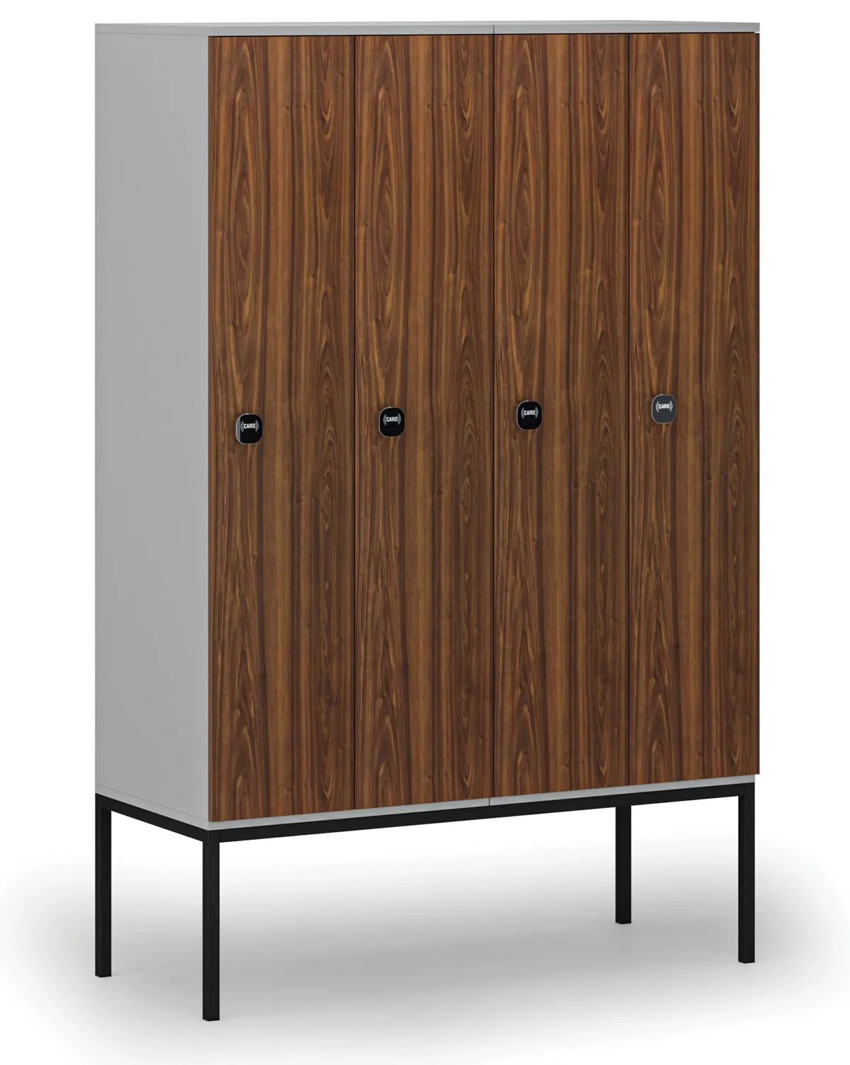 Drevená šatníková skrinka s podnožou, 4 oddiely, 1871 x 1200 x 500 mm, demont, RFID zámok, sivá/orech