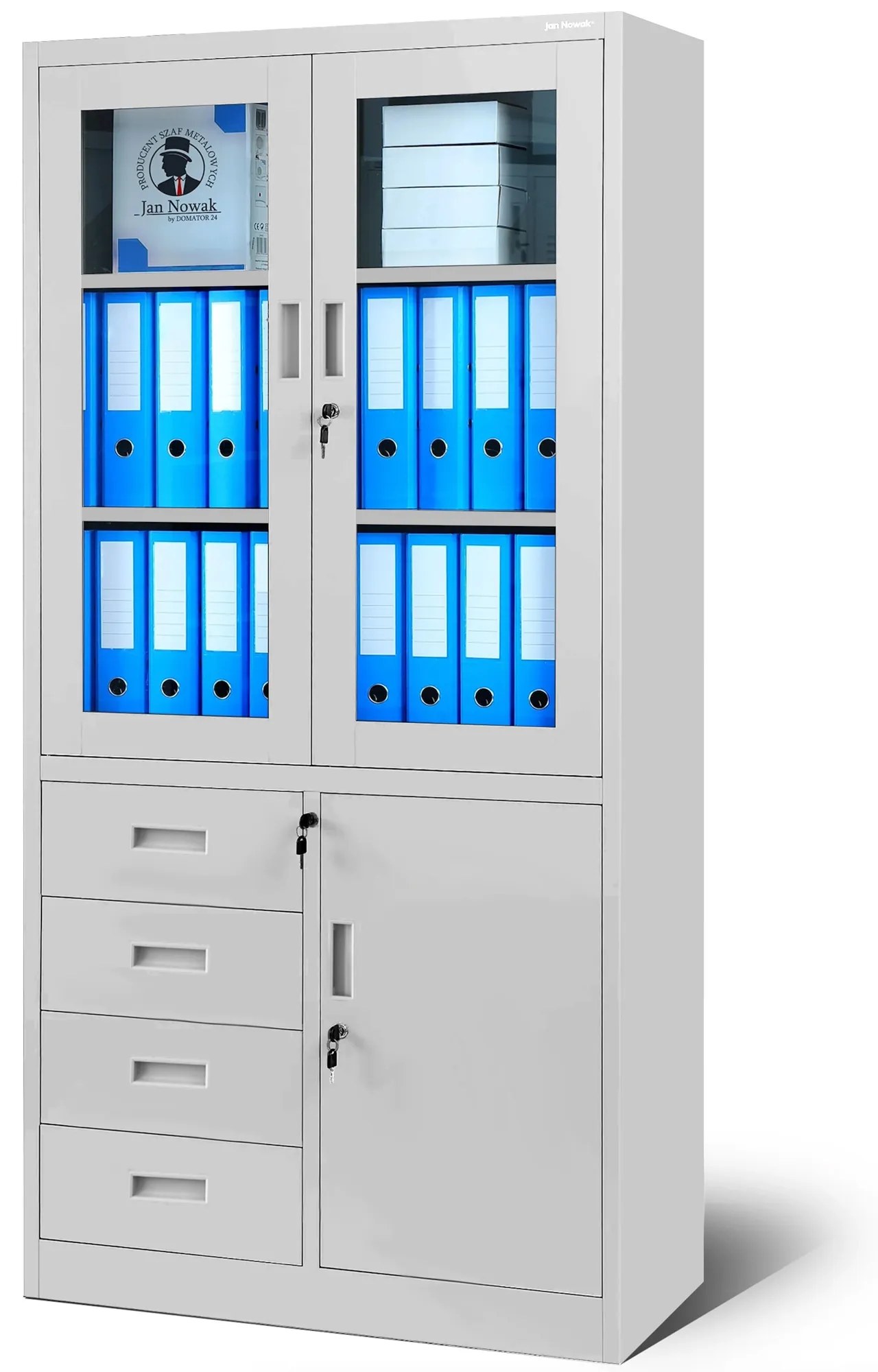 Presklená kancelárska skriňa so zásuvkami WIOLA, 900 x 1850 x 400 mm, sivá