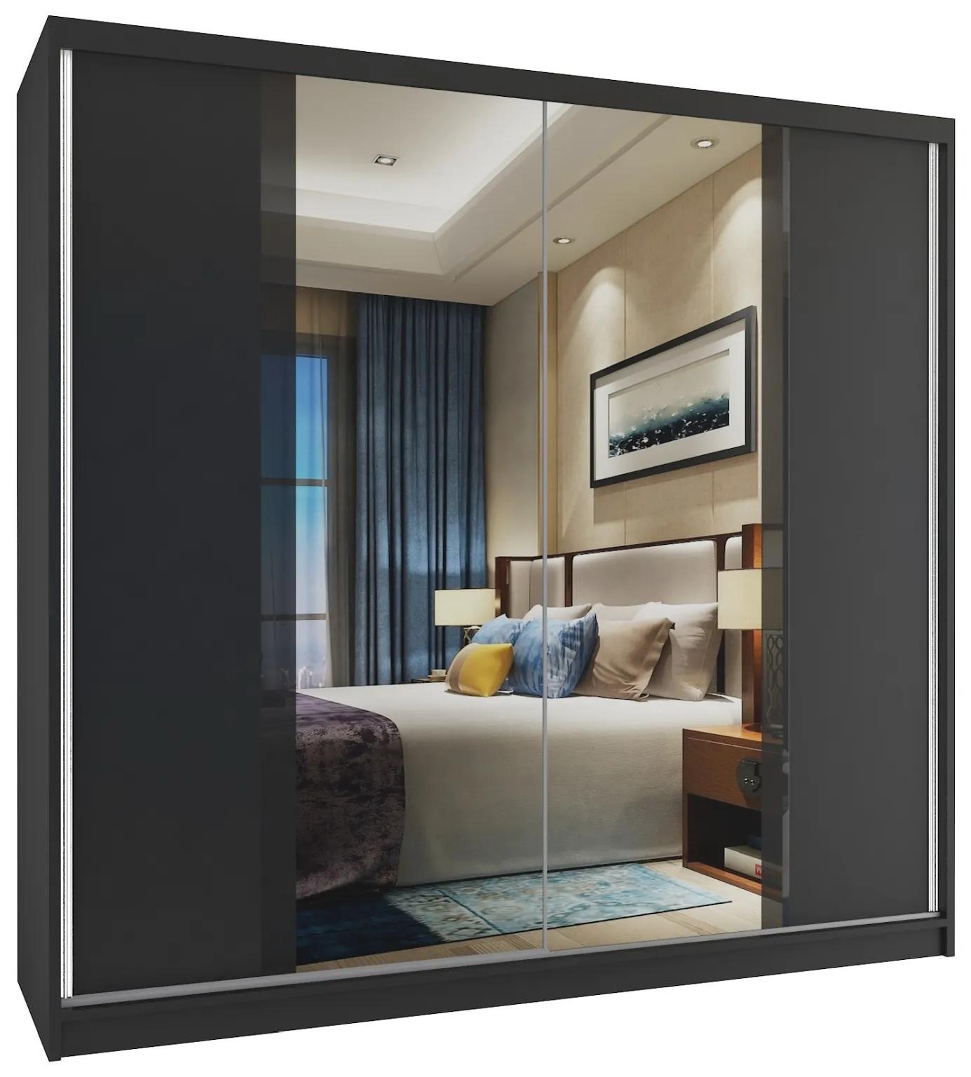 Šatníková skriňa 200 cm Belini čierny mat s posuvnými dverami a zrkadlom  MV SZP1/1/B/B/B/HI