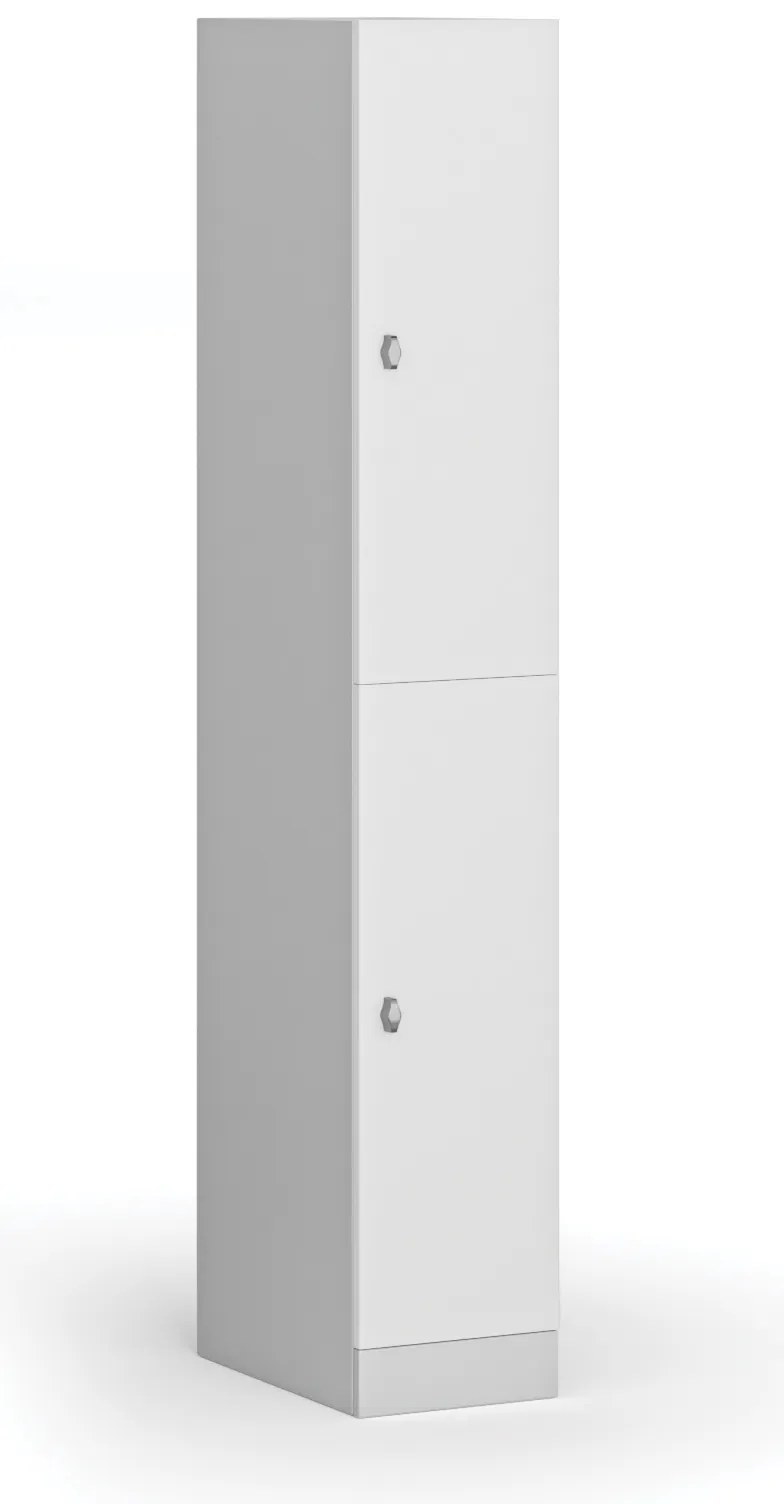 Šatníková skrinka S1 s úložnými boxmi, 2 boxy, 1850 x 300 x 500 mm, demont, otočný zámok, laminované dvere, biela
