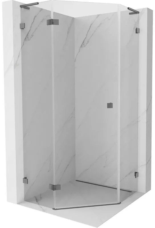 Mexen Lunar, L päťuholníkový sprchový kút naklápací doľava 80 x 80 cm, 8mm číre sklo, grafitový profil, 831L-080L-080P-95-00-L