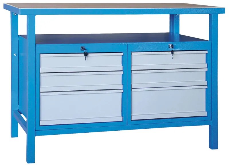 Dielenský pracovný stôl GD, smrek + buková preglejka, 6 zásuviek, 1190 x 600 x 850 mm, modrá