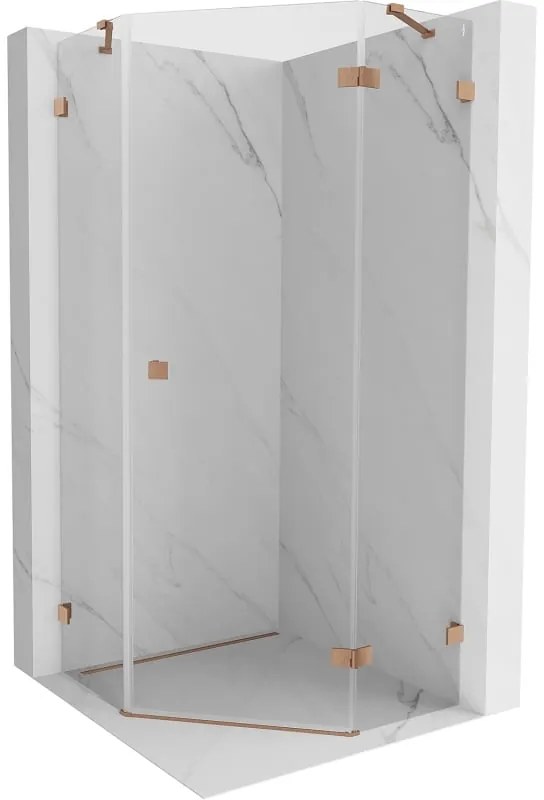 Mexen Lunar, päťuholníkový sprchový kút s pravým sklonom 90 x 90 cm, 8mm číre sklo, profil medená matná, 831-090P-090L-65-00-P