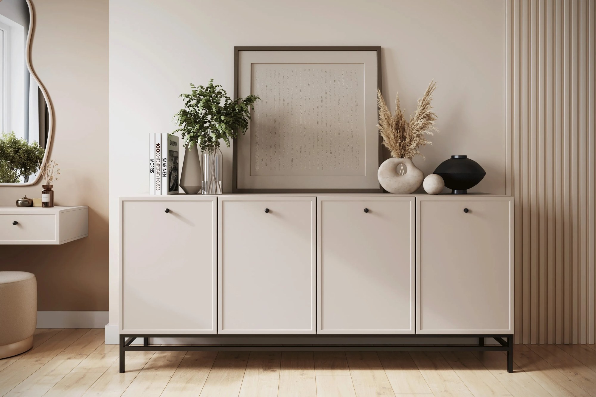 Komoda Lorini 200 cm štvordverová - kašmír / čierne úchytky / kovový podstavec