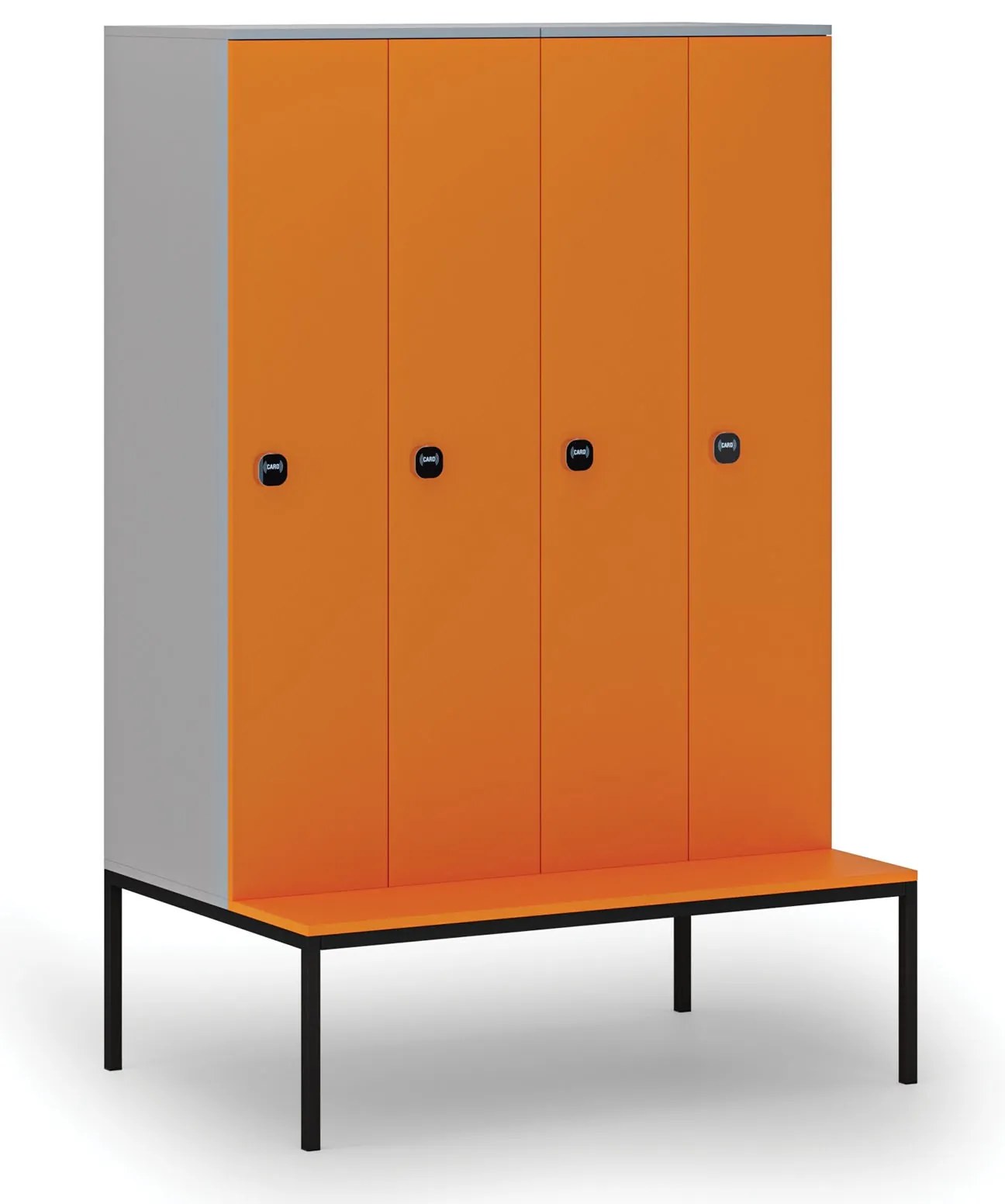 Drevená šatníková skrinka S4 s lavičkou, 4 oddiely, 1871 x 1200 x 500/800 mm, demont, RFID zámok, sivá/oranžová
