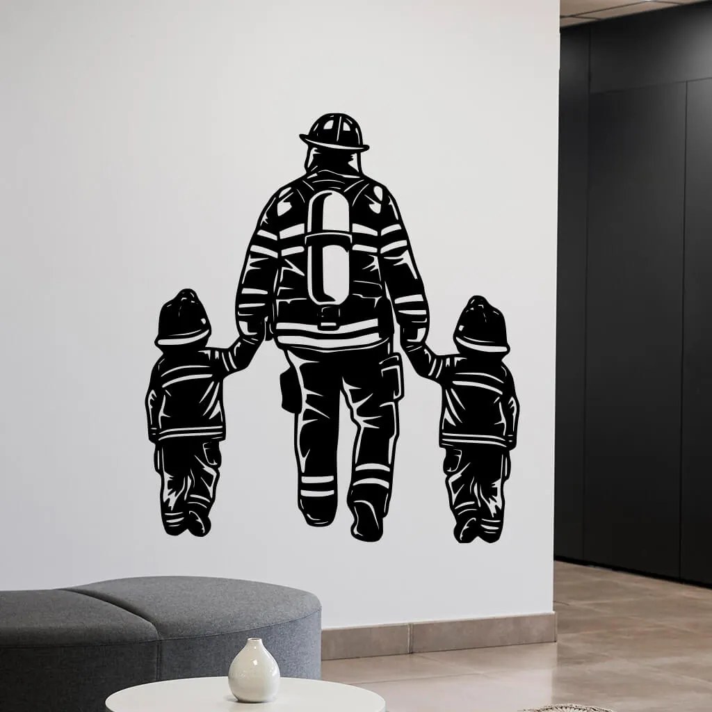 Veselá Stena Samolepka na stenu na stenu Hasič s deťmi Farba: černá