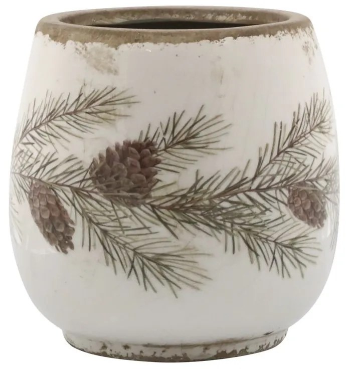 Béžový keramický obal na kvetináč s jedľovou girlandou - Ø 15*14 cm