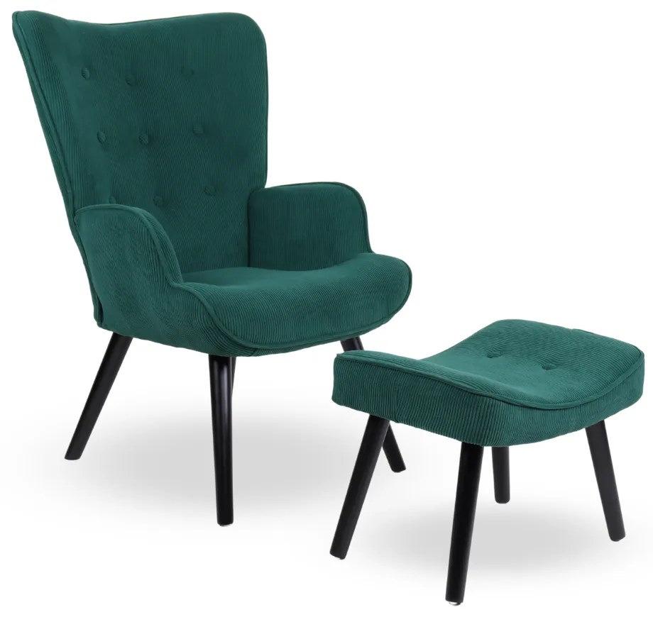 Kreslo ušiak CORDU + taburet — masív, manšestr, čierna / zelená