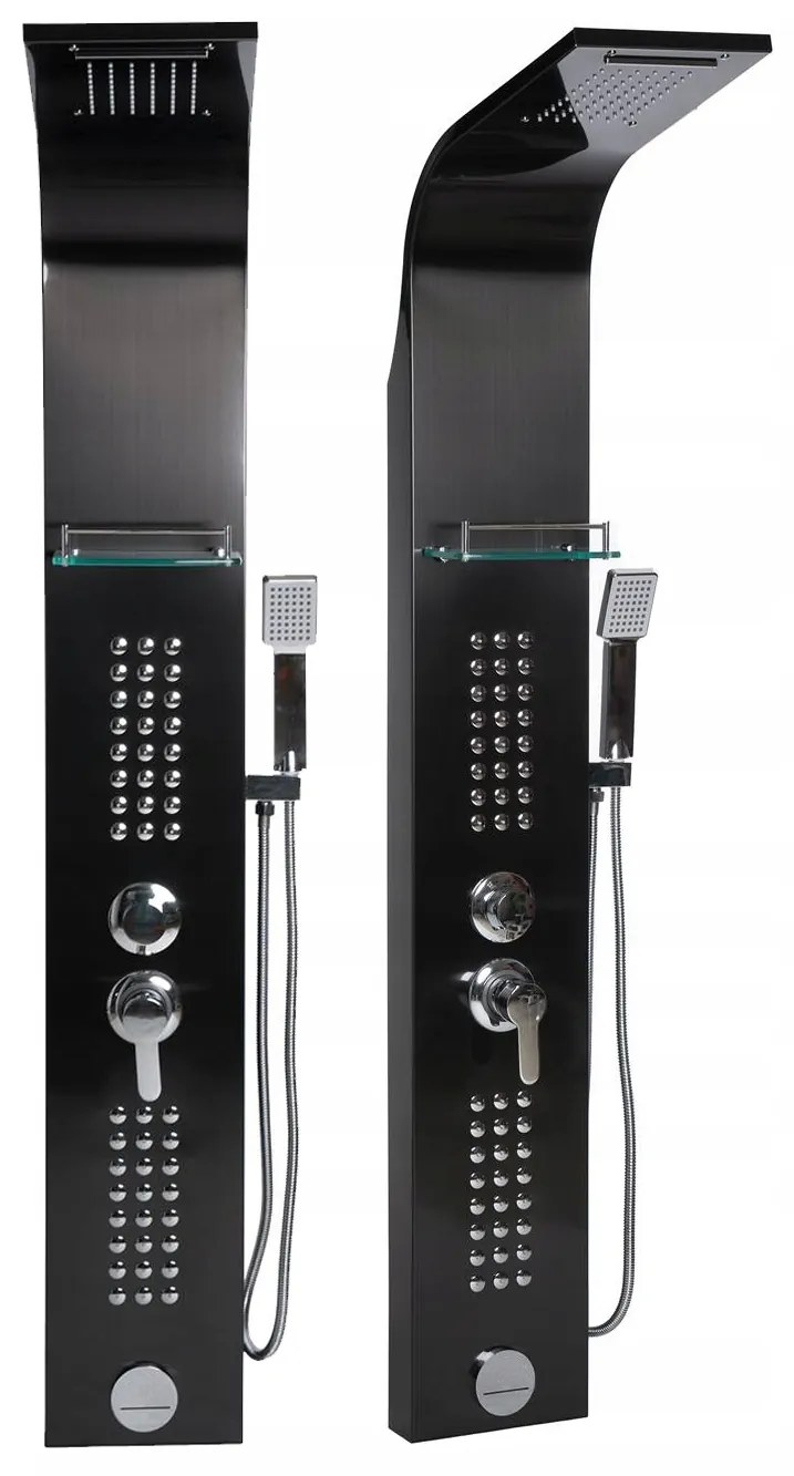 Sprchový panel PIOGGIA 5v1 - s výtokom do vane a policou - čierny lesklý