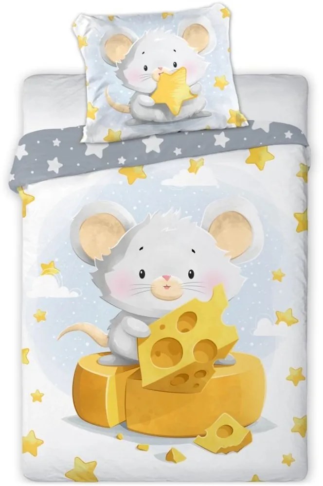 Posteľné obliečky do detskej postieľky s Myškou a syrom - 100% bavlna - zipsové zapínanie - 100 × 135 cm + 40 × 60 cm