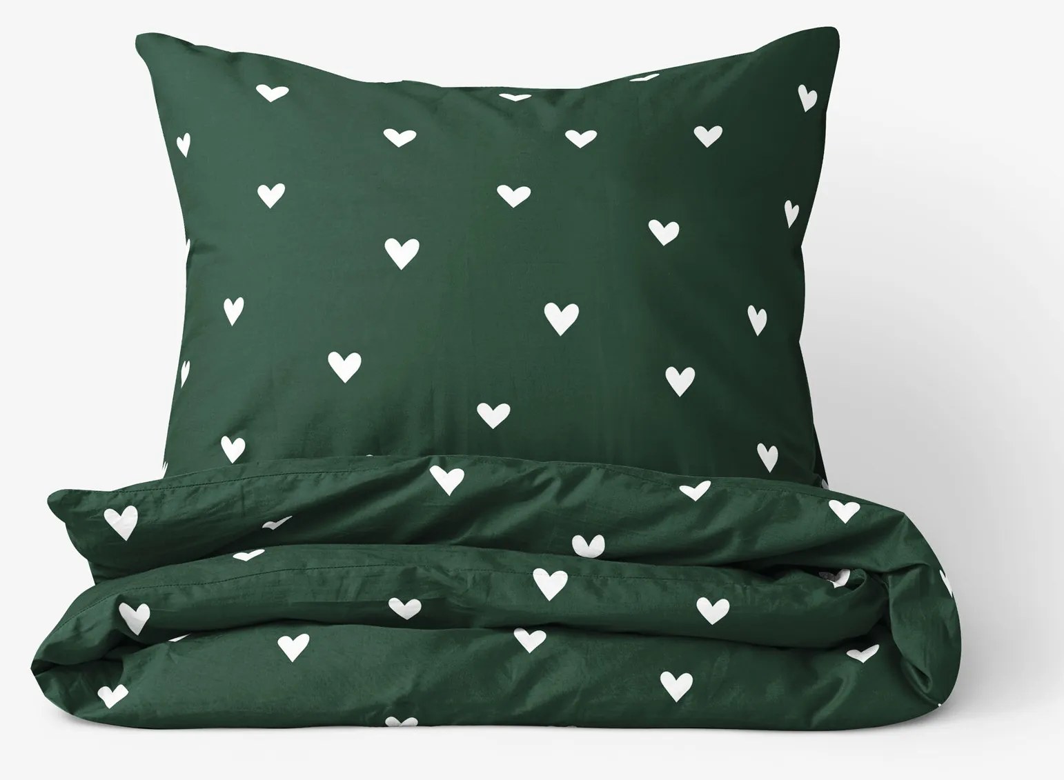 Goldea vianočné bavlnené posteľné obliečky - srdiečka na tmavo zelenom 140 x 200 a 70 x 90 cm
