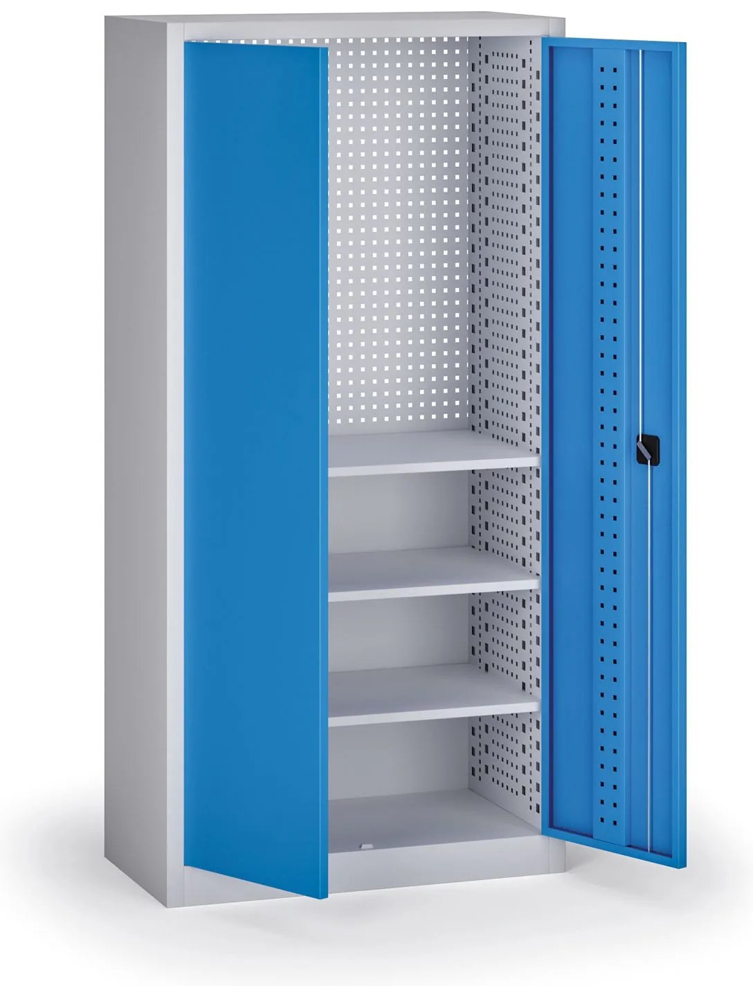 Policová dielenská skriňa 2-dverová, 3 police, 1950 × 950 × 500 mm, modré dvere