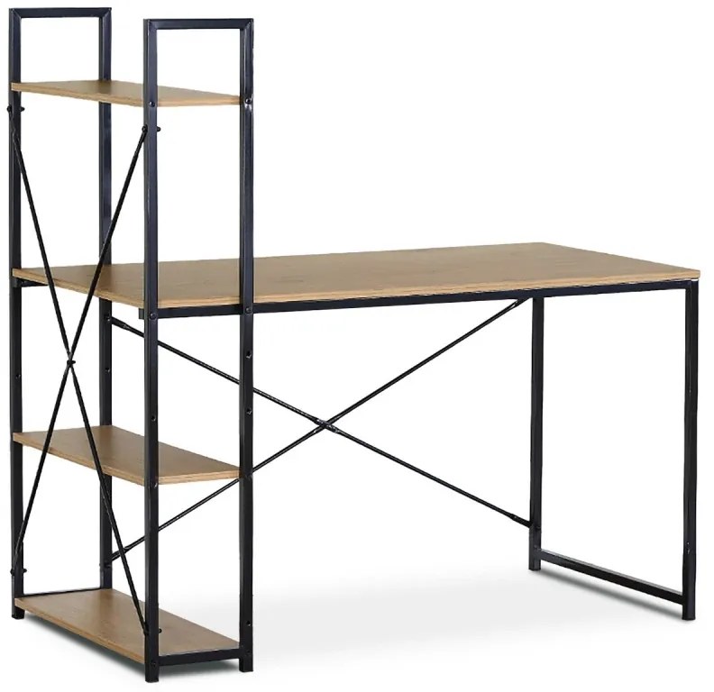 Stůl pracovní s regálem, MDF, dekor dub, černý kov