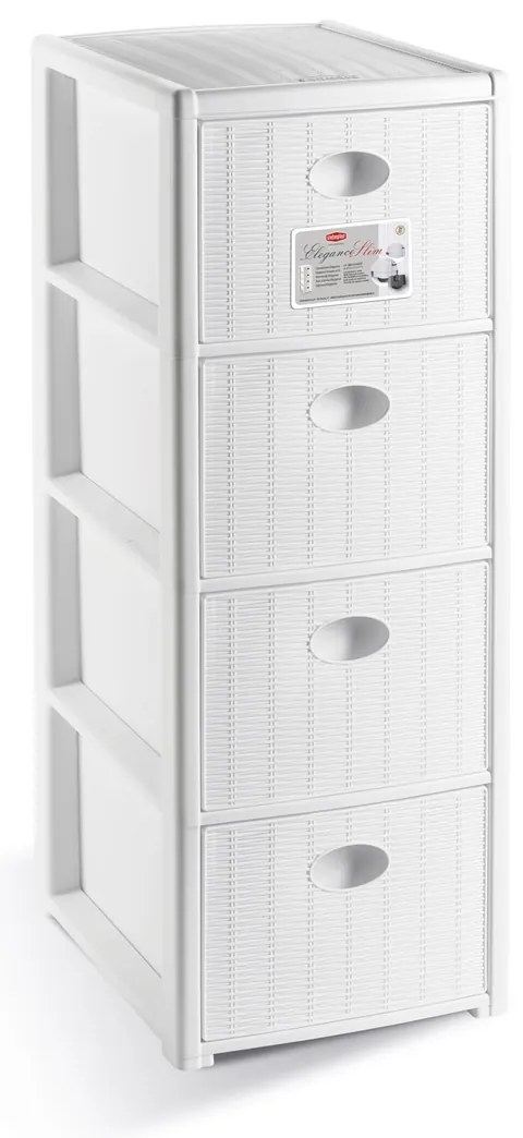STEFANPLAST Úložný plastový regál Elegance Slim, 4 zásuvky, biely