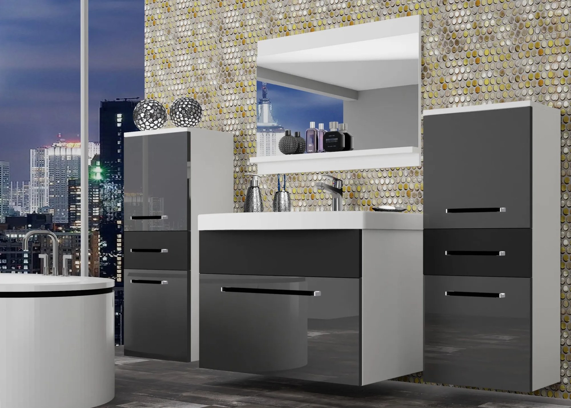 Kúpeľňový nábytok Belini šedý lesk / čierny mat + umývadlo + zrkadlo ROD PM 4/0/W/SB/0/ZW