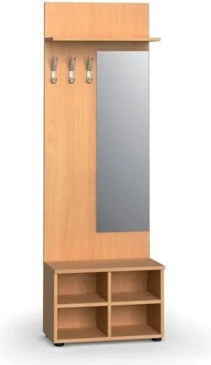 Vešiaková stena s botníkom a zrkadlom PRIMO WOOD, 3 háčiky, polica, roky zvisle, buk