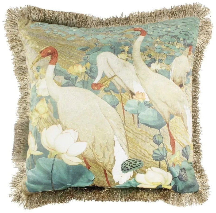 Zamatový vankúš biely žeriav so zlatými strapcami Frill - 45 * 45 * 10cm