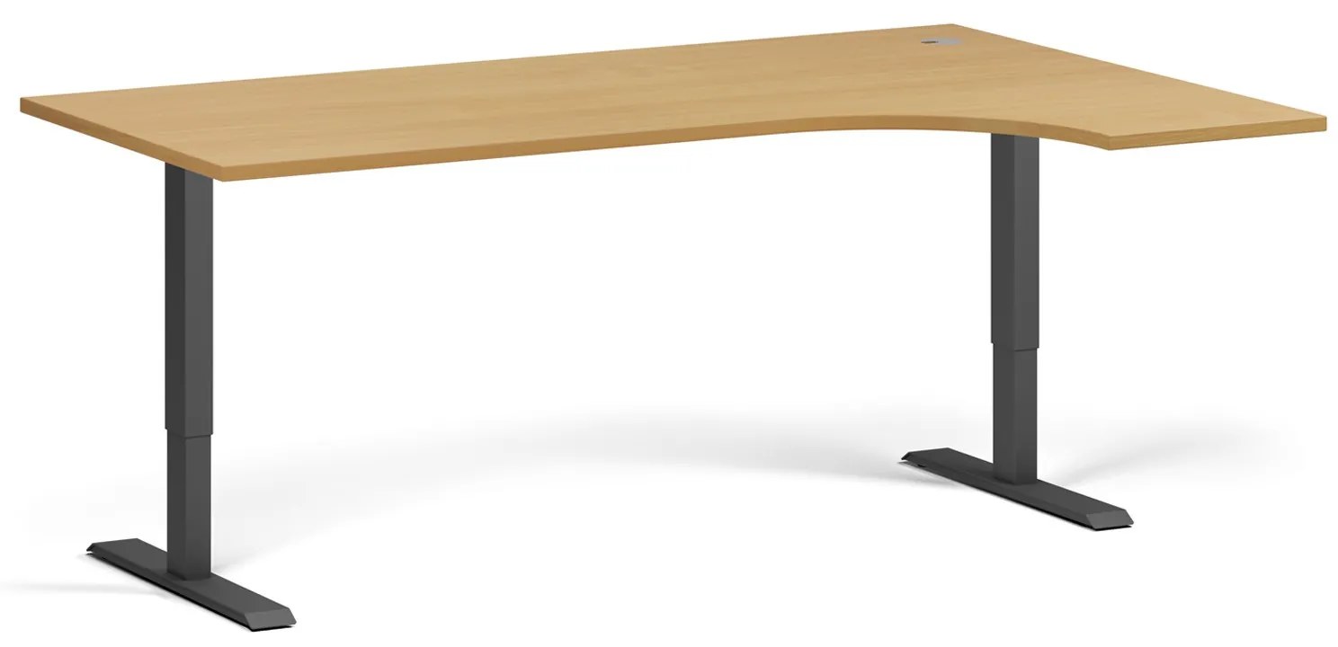 Rohový výškovo nastaviteľný stôl, 180x120 cm, 2 motory, L/P, čierna podnož, buk